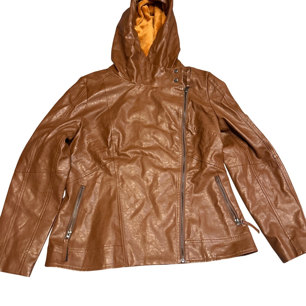 Tendency Women Brown Faux Leather Hooded Moto Jacket‎ Size XL